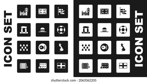 Set England flag on flagpole, Elegant women hat, Stonehenge, Big Ben tower, Football ball, Flag of Great Britain, map and Water drop icon. Vector