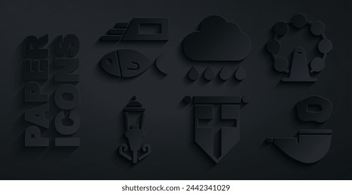 Set England flag on pennant, London eye, Vintage street light, Smoking pipe, Cloud with rain and Fish chips icon. Vector