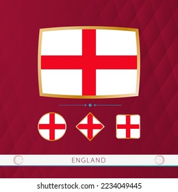 Set of England flags with gold frame for use at sporting events on a burgundy abstract background. Vector collection of flags.