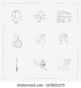 Set of england icons line style symbols with inkwell with quill pen, corgi dog, lady hat and other icons for your web mobile app logo design.