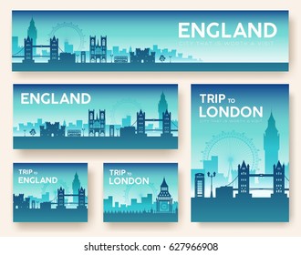 Set of England landscape country ornament travel tour concept. Culture traditional, flyer, magazine, book, poster, abstract, element. Vector decorative ethnic greeting card or invitation design