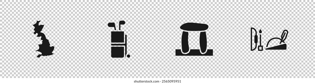 Set England map, Golf bag with clubs, Stonehenge and Robin hood hat icon. Vector