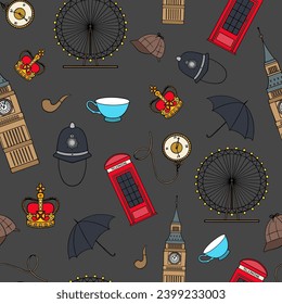 Set of England symbols, landmarks. Travel icons. Hand drawn set with crown, Big Ben, red bus,flag,tea pot, vector illustration isolated