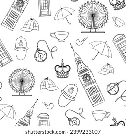 Set of England symbols, landmarks. Travel icons. Hand drawn set with crown, Big Ben, red bus,flag,tea pot, vector illustration isolated