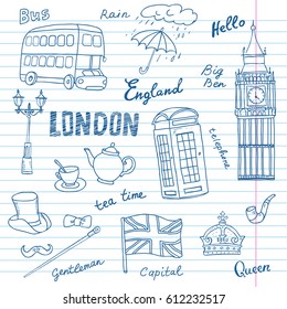 Set of England symbols,landmarks on the notebook sheet. Painted with blue pen.