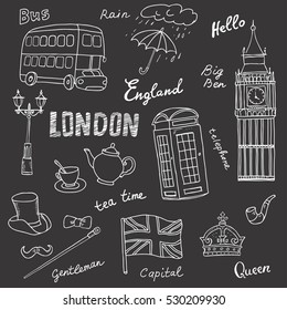 Set of England symbols,landmarks.Black background,sketch.Hand drawn set with crown,Big Ben,red bus,flag,tea pot, vector illustration isolated,words:London,rain, capital,Queen,gentleman,hello,tea time 