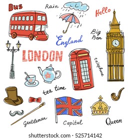 Set of England symbols,landmarks.Travel icons.Hand drawn set with crown,Big Ben,  red bus,flag,tea pot, vector illustration isolated,words:London,England,rain, capital,Queen,gentleman,hello,tea time

