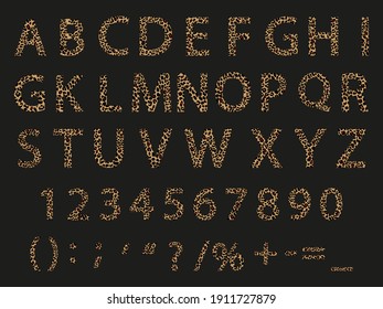 
Set English alphabet with wild leopard skin on Capital Letter ABC, Number 9- 0 and Symbol,Vector English letters A to Z with animal print isolated on black background,Creative type for card or banner