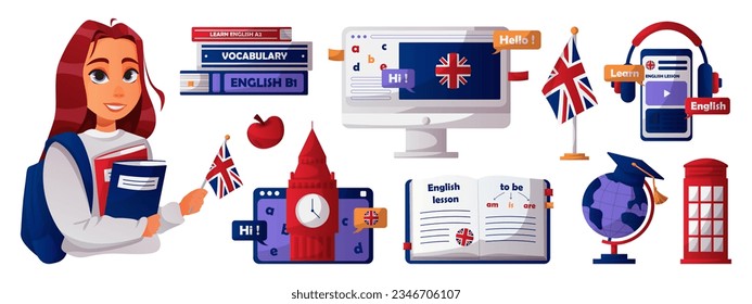 Set of english book, desktop, smartphone, girl student, british flag. English language school, club, course. Elementary grammar, vocabulary, audio lesson. Learn foreign languages online, education.