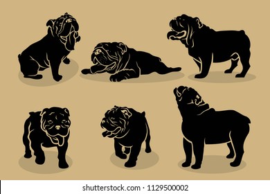 Set of English bulldog silhouettes - vector illustration