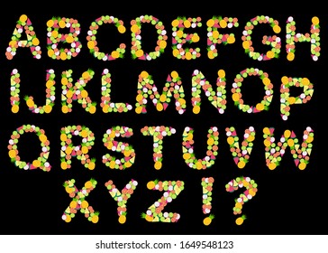 A set of English capital letters with tropical fruit inside isolated on black background.