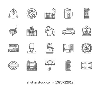 Set of English Culture Line Icons. Traditional Postbox, Police Helmet, Taxi, Crown, Double Decker Bus, Guardsman, Herbal Tea, Umbrella, Phone Booth and more. Pack of 48x48 Pixel Icons