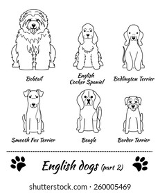 Set of English dogs black and white - part 2. Vector Illustration of six different breeds of dogs: bobtail, english cocker spaniel, bedlington terrier, smooth fox terrier, beagle, border terrier