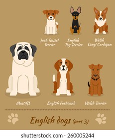 Set of English dogs - part 3. Vector Illustration of six different breeds of dogs: Mastiff, English Foxhound, Welsh Terrier, Welsh Corgi Cardigan, English Toy Terrier, Jack Russel Terrier