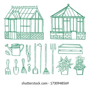 Set with English greenhouses and gardening tools. Hand drawn vector sketch illustration