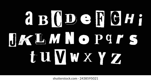 Set of the English and Latin alphabet cutout photocopy style silhouette for collage and journal design decoration.