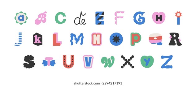 Set with English, Latin alphabet. Letters in different styles. Funny cartoon hand drawn style in pastel colors. Preschool education, alphabet concept. Vector illustrations isolated on white background