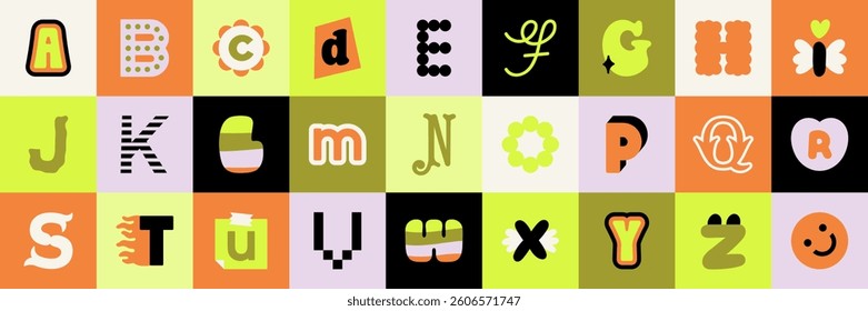 Set with English, Latin alphabet. Letters in different styles. Funny cartoon hand drawn style in pastel colors. Preschool education, alphabet concept. Hand drawn vector illustrations. Retro style
