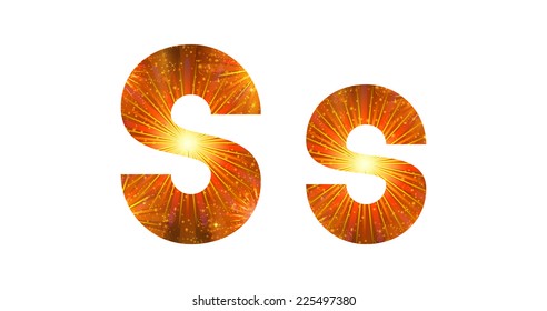 Set of English letters signs uppercase and lowercase S, stylized gold and orange holiday firework with stars and flares, elements for web design. Eps10, contains transparencies. Vector
