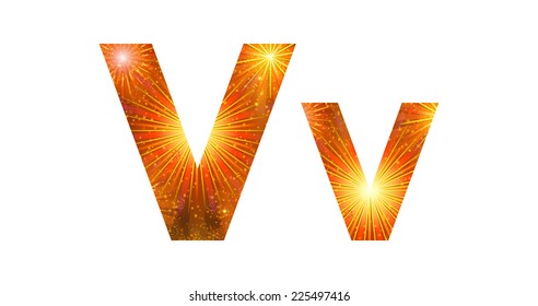 Set of English letters signs uppercase and lowercase V, stylized gold and orange holiday firework with stars and flares, elements for web design. Eps10, contains transparencies. Vector
