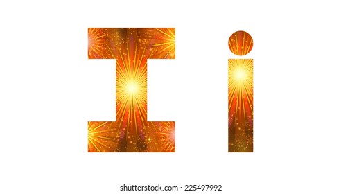 Set of English letters signs uppercase and lowercase I, stylized gold and orange holiday firework with stars and flares, elements for web design. Eps10, contains transparencies. Vector