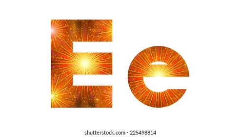 Set of English letters signs uppercase and lowercase E, stylized gold and orange holiday firework with stars and flares, elements for web design. Eps10, contains transparencies. Vector