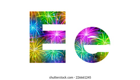 Set of English letters signs uppercase and lowercase E, stylized colorful holiday firework with stars and flares, elements for web design. Eps10, contains transparencies. Vector