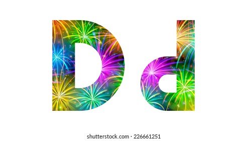 Set of English letters signs uppercase and lowercase D stylized colorful holiday firework with stars and flares, elements for web design. Eps10, contains transparencies. Vector