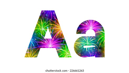 Set of English letters signs uppercase and lowercase A, stylized colorful holiday firework with stars and flares, elements for web design. Eps10, contains transparencies. Vector