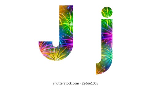 Set of English letters signs uppercase and lowercase J, stylized colorful holiday firework with stars and flares, elements for web design. Eps10, contains transparencies. Vector