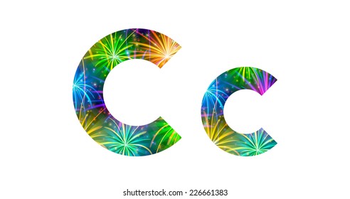 Set of English letters signs uppercase and lowercase C, stylized colorful holiday firework with stars and flares, elements for web design. Eps10, contains transparencies. Vector