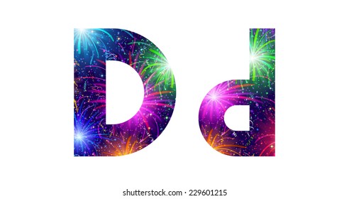 Set of English letters signs uppercase and lowercase D stylized colorful holiday firework with stars and flares, elements for web design. Eps10, contains transparencies. Vector