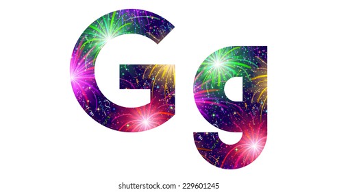 Set of English letters signs uppercase and lowercase G, stylized colorful holiday firework with stars and flares, elements for web design. Eps10, contains transparencies. Vector