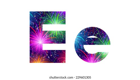 Set of English letters signs uppercase and lowercase E, stylized colorful holiday firework with stars and flares, elements for web design. Eps10, contains transparencies. Vector
