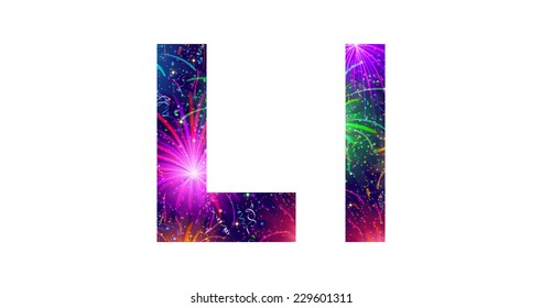 Set of English letters signs uppercase and lowercase L, stylized colorful holiday firework with stars and flares, elements for web design. Eps10, contains transparencies. Vector