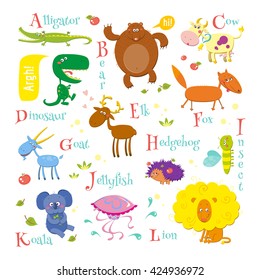 Set of english zoo alphabet with cute cartoon different animals isolated on white background. Funny vector illustrations for children.