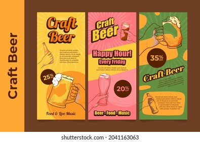 Set Of Engraved Craft Beer Flyer Vector Illustration. Collection Of Vertical Advertising Poster With Mug And Glass Full Of Foamy Alcohol Beverage. Promo Placard With Sale Discount And Place For Text