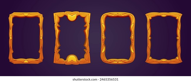 Ein Satz von gravierten goldenen oder geschnitzten Holzrahmen. A4 Vektorgrafik Frame-Vorlage. Dekorativer Rahmen mit einem gewebten geometrischen Muster verziert. Game UI, Banner, isoliertes Set, Cartoon-Fantasie-Illustration.