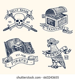 set of engraved, hand drawn, old, labels or badges for corsairs, skull at anchor, treasures, flag , Caribbean parrot. Jolly roger. Pirates marine and nautical or sea, ocean emblem.