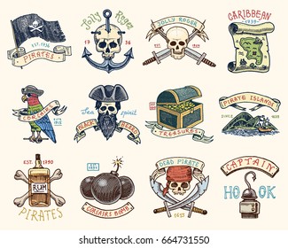 set of engraved, hand drawn, old, labels or badges for corsairs, bottle of rum and bone, bomb, skull with sabers, hook. Jolly roger. Pirates marine and nautical or Caribbean sea, ocean emblems.
