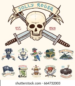 set of engraved, hand drawn, old, labels or badges for corsairs, skull at anchor, treasures, flag , Caribbean parrot. Jolly roger. Pirates marine and nautical or sea, ocean emblem.