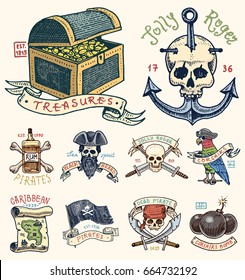 set of engraved, hand drawn, old, labels or badges for corsairs, skull at anchor, treasures, flag , Caribbean parrot. Jolly roger. Pirates marine and nautical or sea, ocean emblem.