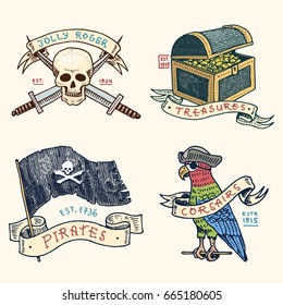 set of engraved, hand drawn, old, labels or badges for corsairs, skull at anchor, treasures, flag , Caribbean parrot. Jolly roger. Pirates marine and nautical or sea, ocean emblem.