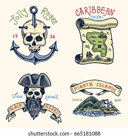 set of engraved, hand drawn, old, labels or badges for corsairs, skull at anchor, map to treasure, black beard, Caribbean island. Jolly roger. Pirates marine and nautical or sea, ocean emblem.