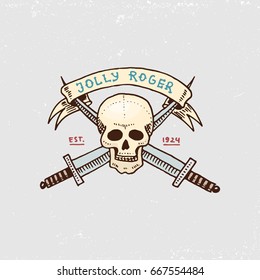 set of engraved, hand drawn, old, labels or badges for corsairs, skull. Jolly roger. Pirates marine and nautical or sea, ocean emblem.