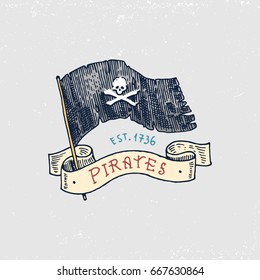 set of engraved, hand drawn, old, labels or badges for corsairs, skull at flag. Jolly roger. Pirates marine and nautical or sea, ocean emblem.
