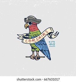 set of engraved, hand drawn, old, labels or badges for corsairs, Caribbean parrot. Pirates marine and nautical or sea, ocean emblem.