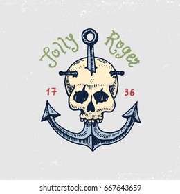 set of engraved, hand drawn, old, labels or badges for corsairs, skull at anchor. Jolly roger. Pirates marine and nautical or sea, ocean emblem