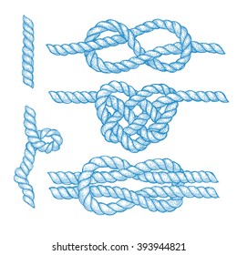 Set of engraved knots and ropes in vintage style, vector