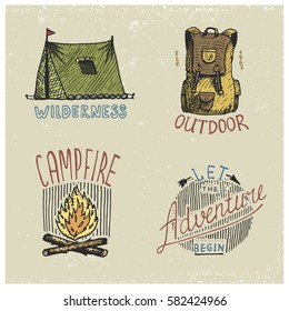 set of engraved vintage, hand drawn, old, labels or badges for camping, hiking, hunting with backpack, tent, campfire. let the adventure begin quote